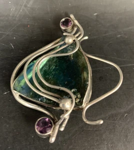 925 Sterling Silver Vintage Blue Roman Glass Leaf Modernist Pin Brooch Purple - Picture 1 of 9