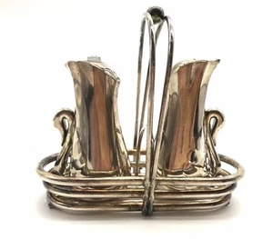 Silver Plated Art Nouveau Style Swan Salt & Pepper Shakers Set w/Carrying Basket - Picture 1 of 7