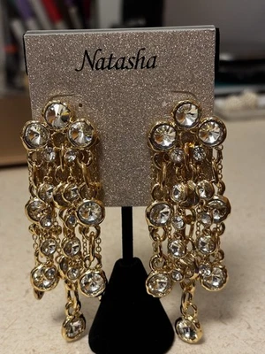 NATASHA GOLD CHAIN CHANDELIER EARRINGS WITH WHITE CRYSTALS PARTY JEWELRY HOLIDAY - Image 1 of 4