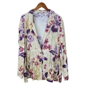 Coldwater Creek Plus Size 2X Linen Jacket blazer Floral Iris Tan Purple Pockets - Picture 1 of 7