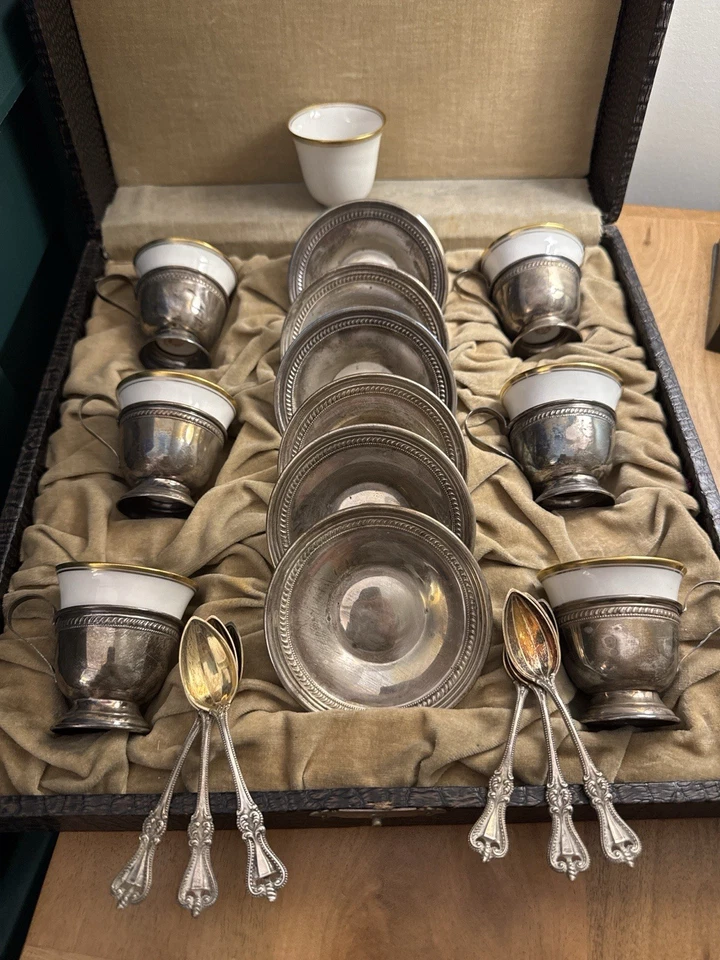Antiguo Juego Demitasse Toalla Esterlina Mauser 6 Tazas 7 Insertos Estuche Completo Foto 1 de 4