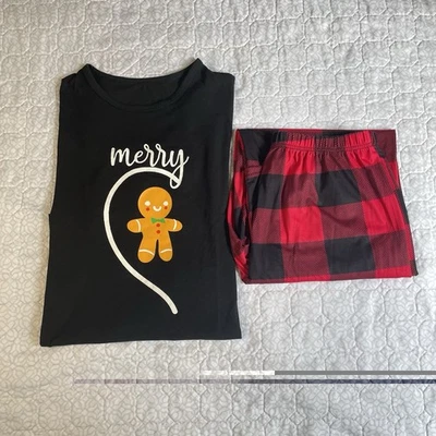 Conjunto de pijama de Navidad de pan de jengibre camisa negra y pantalones de jersey a cuadros para hombre talla L” Foto 1 de 4