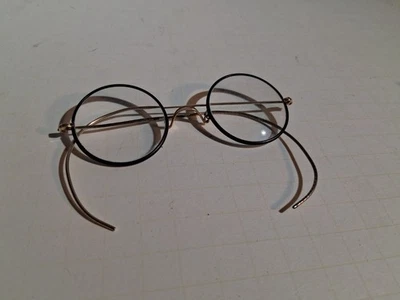 Óculos antigos folheados a ouro amarelo Windsor preto celulóide aro redondo Lennon - Imagem 1 de 4