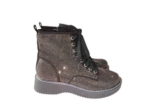 Madden NYC Women Kurrt Combat Boots size 7 Black Rhinestone Side Zipper Shoes - Picture 1 of 11