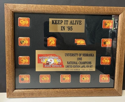 RARE Framed Set University of Nebraska National Champions Lapel Pins 1995 Lt. Ed - Image 1 of 4