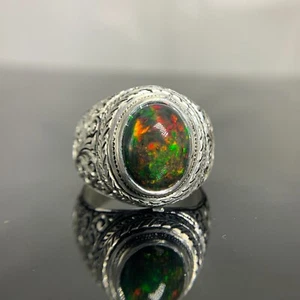 Natural Gents Black Opal Silver Ring With Splendid Fire & Heavy Hand Crafty Work - Picture 1 of 10