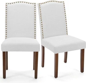 Upholstered Dining Chair Modern Fabric Dining Room Nailhead Trim Wood Legs Chair - Picture 1 of 32
