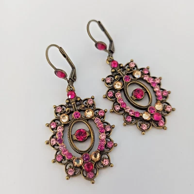 Michal Negrin Earrings Pink Filigree Large Victorian Revival Crystals Romantic - Image 1 of 4