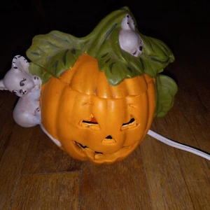 Vintage 1980s Halloween Ceramic Pumpkin Jack o Lantern Mice Light Up 9" Tall - Picture 1 of 5
