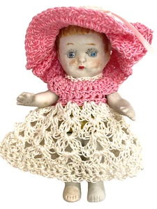 Crochet Dress Hat Fits 4" Antique All Bisque Dollhouse Flapper Doll Pink Ivory - Picture 1 of 8