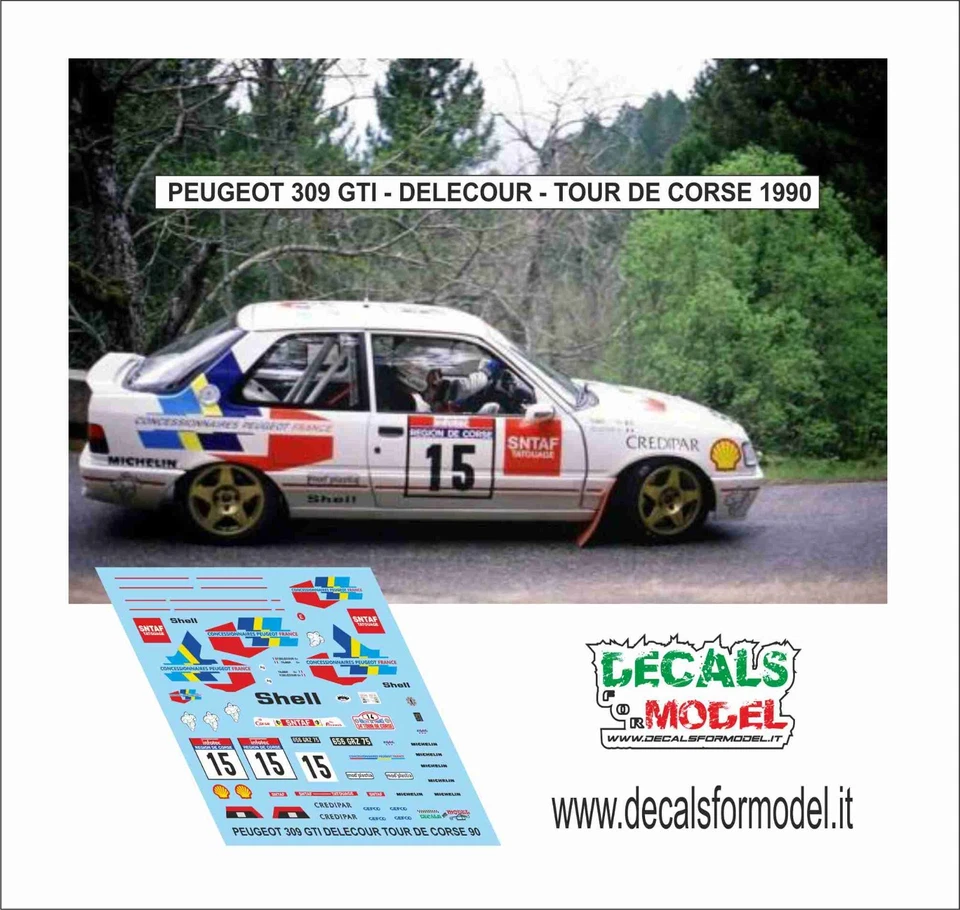 DECALS 1:43 PEUGEOT 309 GTI DELECOUR TOUR DE CORSE 1990 - Immagine 1 di 1