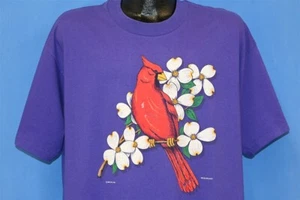vintage 90s RED CARDINAL WHITE FLOWERS BIRD BIRDING NATURE PURPLE t-shirt XL - Picture 1 of 5