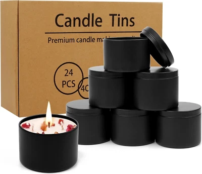 24 Pcs Black Candle Tins 4 Oz Black Empty with Lids for DIY Candles Making - Image 1 of 4