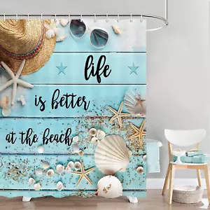 Beach Teal Rustic Shower Curtain, Life Is Better at the Beach on Blue Wooden Sea - Picture 1 of 11