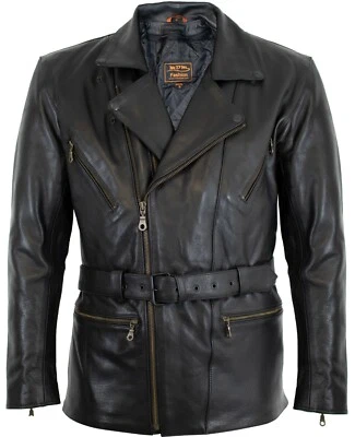 MDM Herren Motorrad Lederjacke Lang aus echtem Rindsleder Dickes und weiches Leder