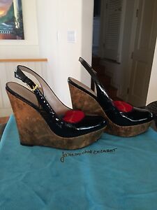 Jean-Michel Cazabat Talisa Black Patent Gold Slingback Wedge Sandals Women’s 7.5