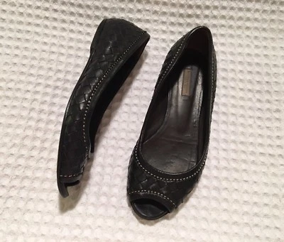 BOTTEGA VENETA $670 Negro Intrecciato Cuero Tejido Punta Abierta Ballet Pisos 36.5 Foto 1 de 4