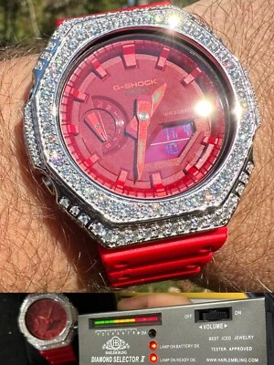 MOISSANITE Real 925 Silver Iced Red Casio G Shock GA-2100 Hip Hop Watch & Extras - Image 1 of 4