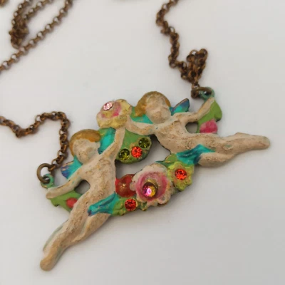 Michal Negrin 项链长天使玫瑰五颜六色珐琅水晶破旧别致 — 第 1/4 张图片