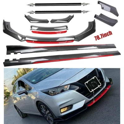 For Nissan Versa Carbon Fiber Look Red Front Lip Chin Bumper Side Skirt Foto 1 de 4