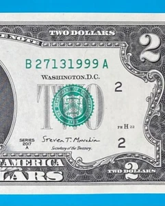 B 2713 1999 A : TRAILING YEAR 1999 $2 Two Dollar Bill Serial Number Uncirculated - Picture 1 of 3