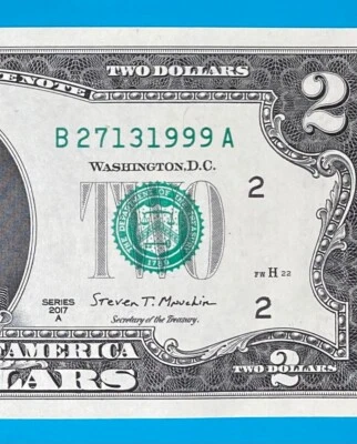 B 2713 1999 A : TRAILING YEAR 1999 $2 Two Dollar Bill Serial Number Uncirculated - Image 1 of 3