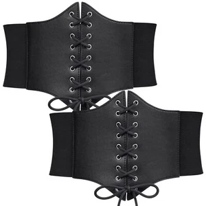 2 Pack Women Corset Elastic Belt Wide Retro Lace-up Tied Costume Waspie Waist... - Picture 1 of 7