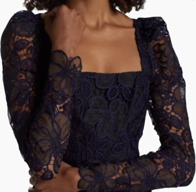 Mini Vestido Monique Lhuillier Azul Marino Encaje Organza Talla 6 Nuevo Con Etiquetas Cóctel Noche Foto 1 de 4