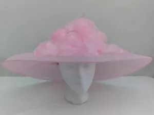 LADIES SOMETHING SPECIAL PINK FORMAL LARGE BRIM HAT WITH ROSES - Picture 1 of 15