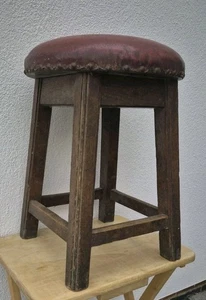 Original Retro Vintage Pub Stool Solid Wooden Legs Stud Bar Red  - Picture 1 of 13