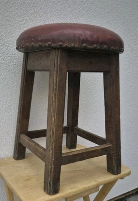 Original Retro Vintage Pub Stool Solid Wooden Legs Stud Bar Red  - Image 1 of 4