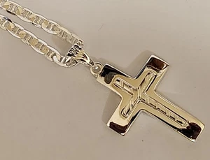 Men's Lady Silver Plated 24in Long 3mm Wide Mariner Chain & 2x Cross Charm Set - Picture 1 of 8