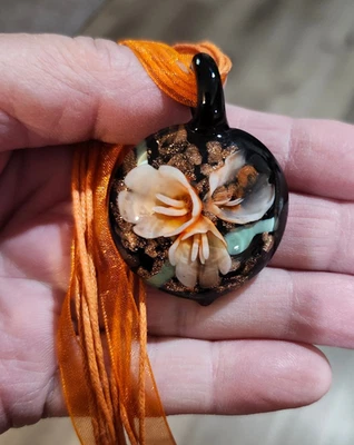 GLASS pendant NECKLACE, colorful - handmade glass on orange ribbon - Image 1 of 4