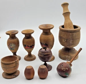 VTG Wooden Pieces Lot Mini Mortar Pestle Vases Communion Cup Salt Pepper "READ" - Picture 1 of 14