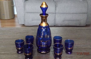 MURANO ITALY 7 pc Decanter Set COBALT BLUE w/ GOLD TRIM - In Original BOX - Picture 1 of 15