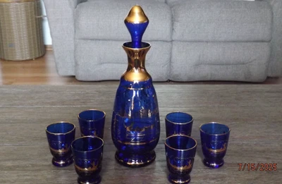 Juego de 7 Jarra MURANO ITALY AZUL COBALTO con Borde Dorado - En CAJA Original Foto 1 de 4