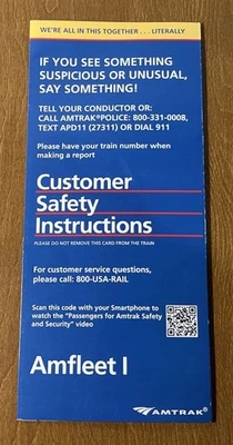 2014 AMTRAK Amfleet 1  CUSTOMER SAFETY INSTRUCTIONS CARD - Image 1 of 4