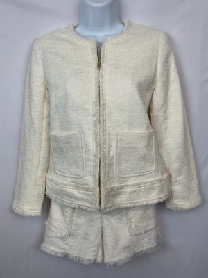 NUEVO CON ETIQUETAS Ann Taylor Marfil Recortado Sin Cuello Chaqueta y Flecos Cortos Conjunto Mujer Talla 2P Foto 1 de 4