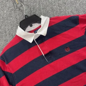 Y2K Chaps Shirt Mens M Red Navy Striped Rugby Long Sleeve Cotton White Collar - Picture 1 of 10