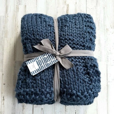 NWT West Elm Fisherman Knit Throw Blanket in Navy Blue Handcrafted Chunky 50x60 - Image 1 of 4
