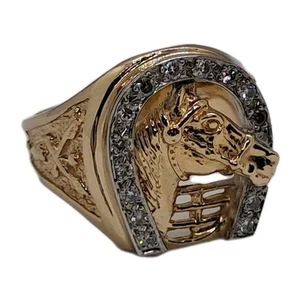 Heavy .525CTW Natural Diamond 14k Yellow Gold Horseshoe Horse Signet Ring sz 10 - Picture 1 of 15