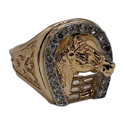 Heavy .525CTW Natural Diamond 14k Yellow Gold Horseshoe Horse Signet Ring sz 10 - Image 1 of 4