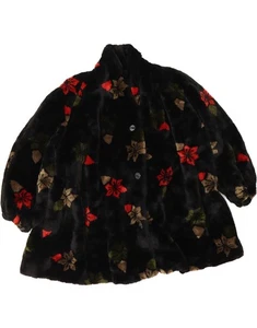 VINTAGE Womens Oversized Faux Fur Jacket UK 18 XL Black Floral BQ02 - Picture 1 of 2