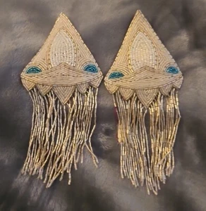 2 Beaded Applique Patches With Beaded Fringe, White, Silver & Blue - Picture 1 of 6
