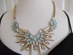 Chunky necklace, pale blue/clear faceted clear crystal shapes, gold colour chain - Picture 1 of 6