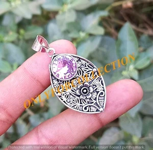 Trendy Pink Faceted Topaz Glass 925 Sterling Silver Plated Handmade Leaf Pendant - Picture 1 of 4