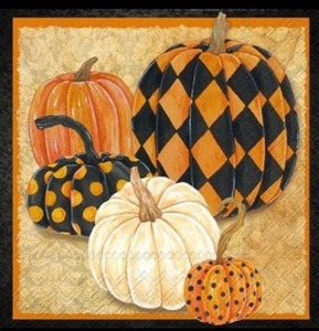 Two Single Cocktail Napkins Decoupage Fall Autumn Halloween Patterned Pumpkin - Picture 1 of 2