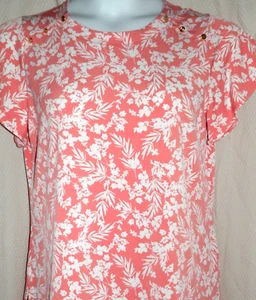 Liz Claiborne Silky Short Sleeve Poly/Spandex Top Sz M Coral / White Floral - Picture 1 of 11