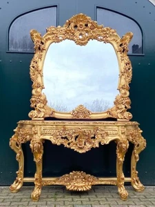 Console Table With Mirror Set: Gilded Baroque Rococo, Italian Pink Marble Top - Picture 1 of 24