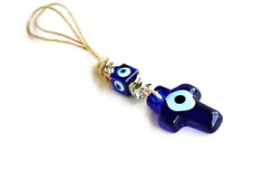 Handmade Glass Christian Cross Evil Eye Wall Hanging, Evil Eye Cross Wall Decor - Picture 1 of 8